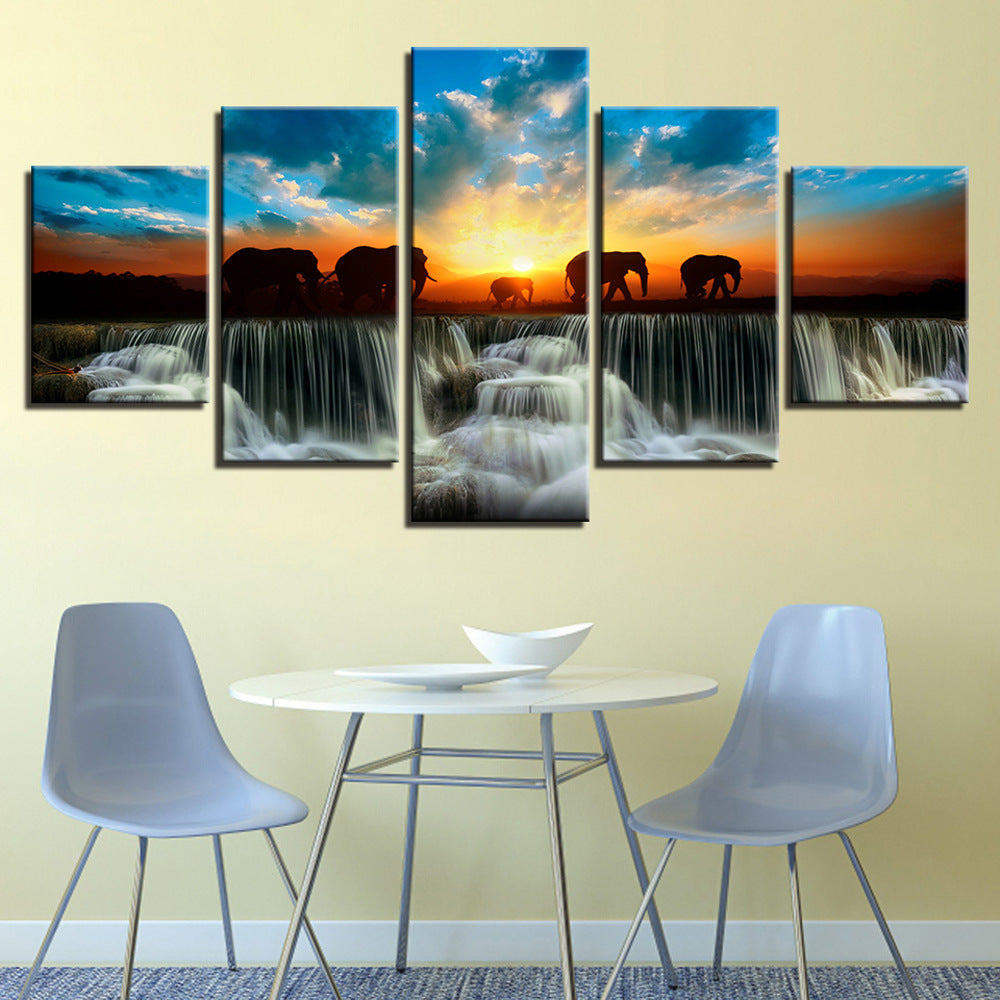 Waterfall Sunset Elephant - Canvas Wall Art Painting