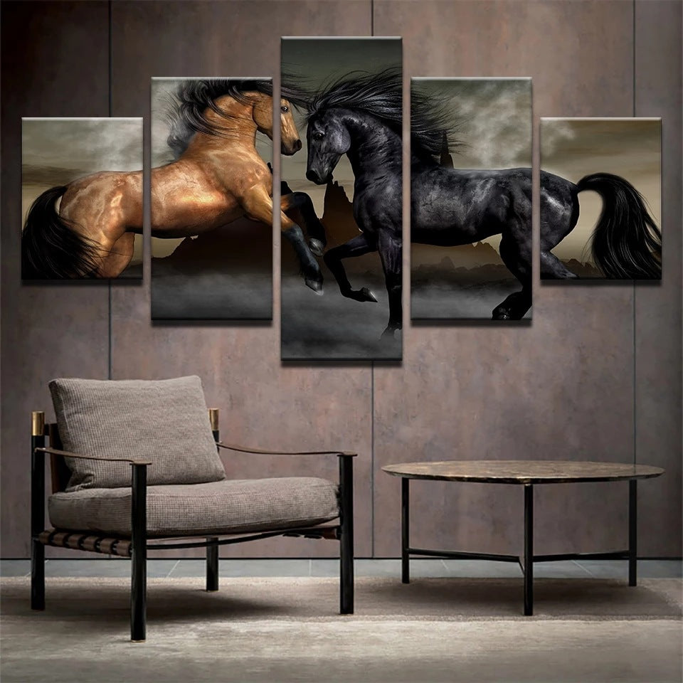 Running Brown And Black Horses - Canvas Wall Art Painting