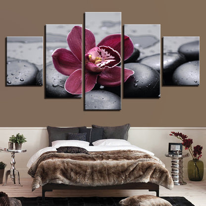 Black Pebbles With Purple Flower - Canvas Wall Art Painting