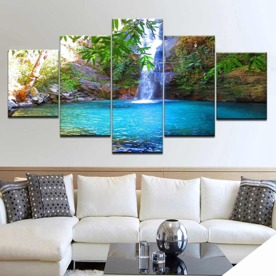 Waterfall with Blue Lake  - Canvas Wall Art Painting