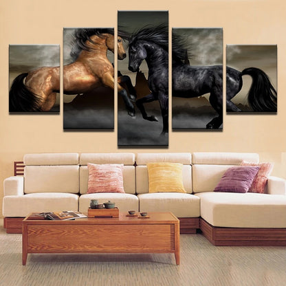 Running Brown And Black Horses - Canvas Wall Art Painting