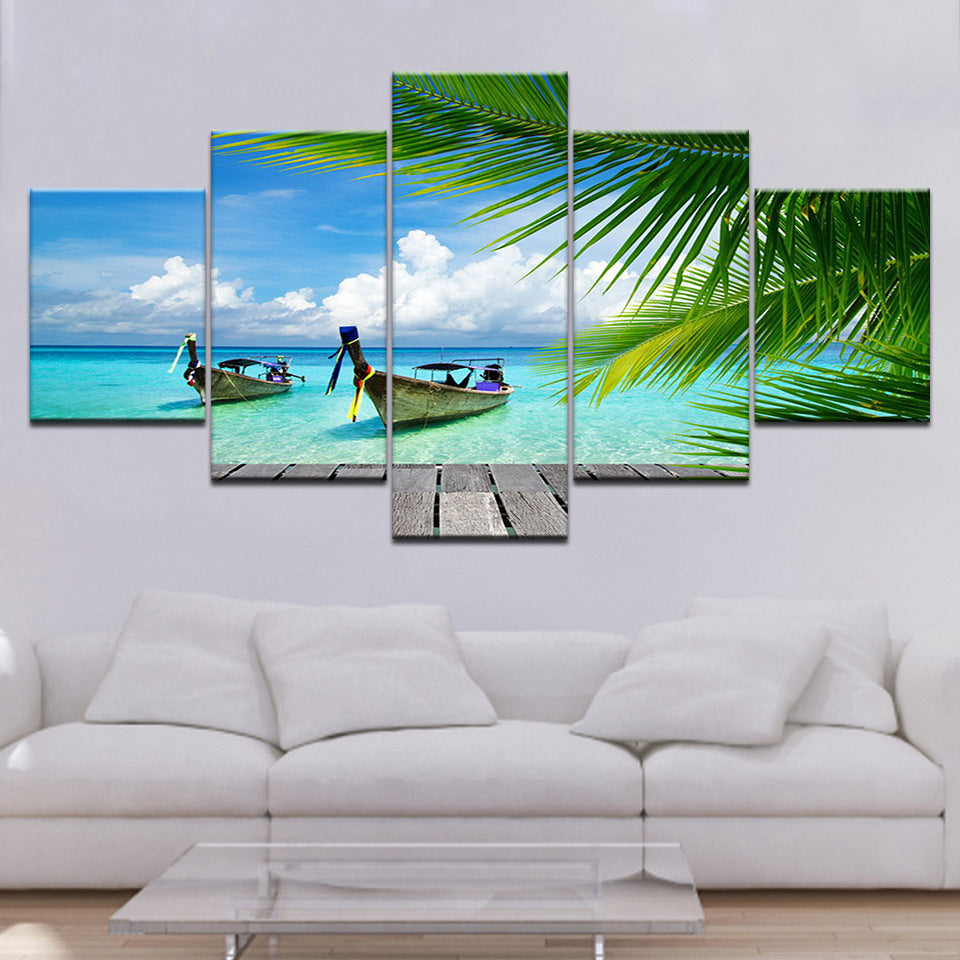 Coconut Tree Blue Beach  - Canvas Wall Art Painting