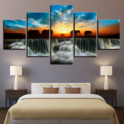 Waterfall Sunset Elephant - Canvas Wall Art Painting