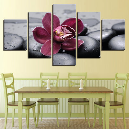 Black Pebbles With Purple Flower - Canvas Wall Art Painting