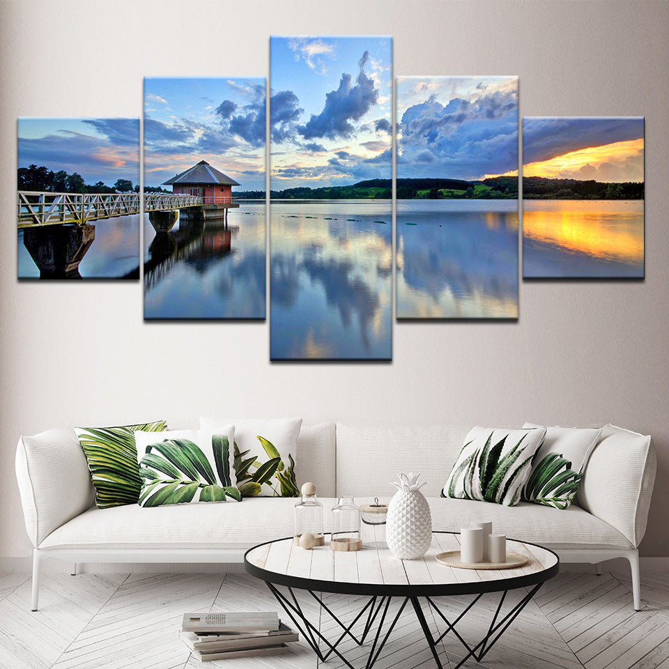 Blue Sky Clouds and Lake  - Canvas Wall Art Painting