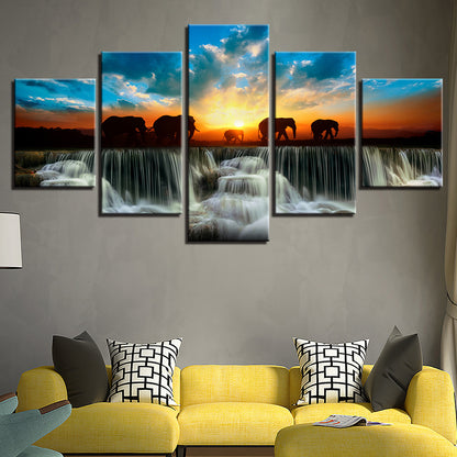 Waterfall Sunset Elephant - Canvas Wall Art Painting