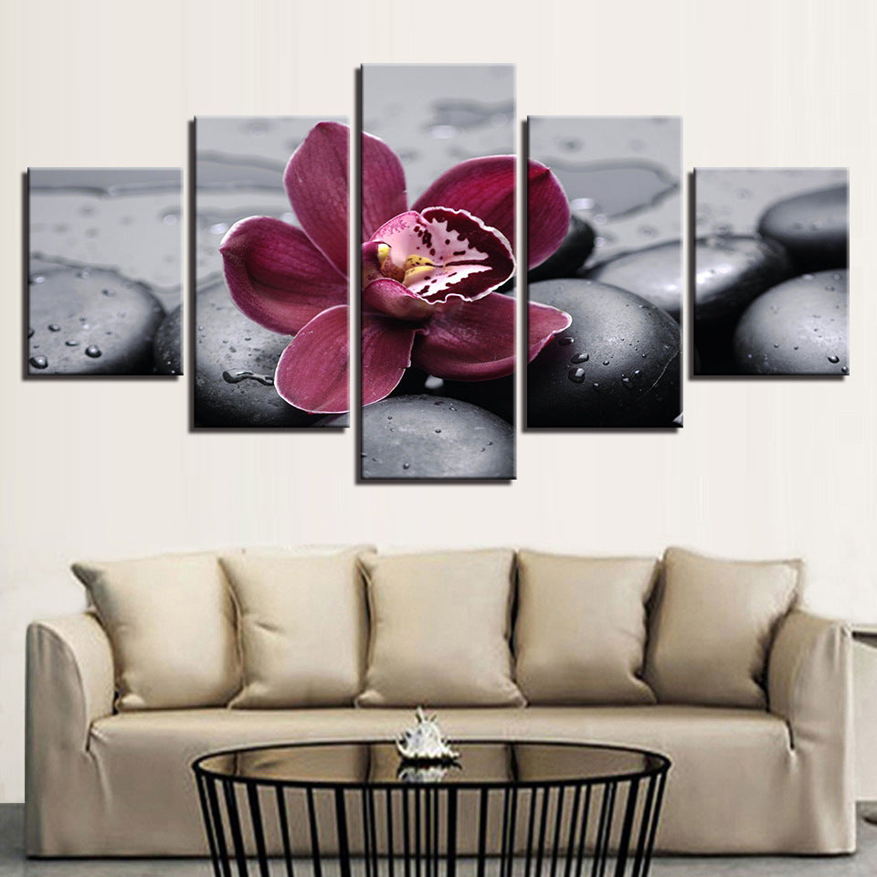 Black Pebbles With Purple Flower - Canvas Wall Art Painting