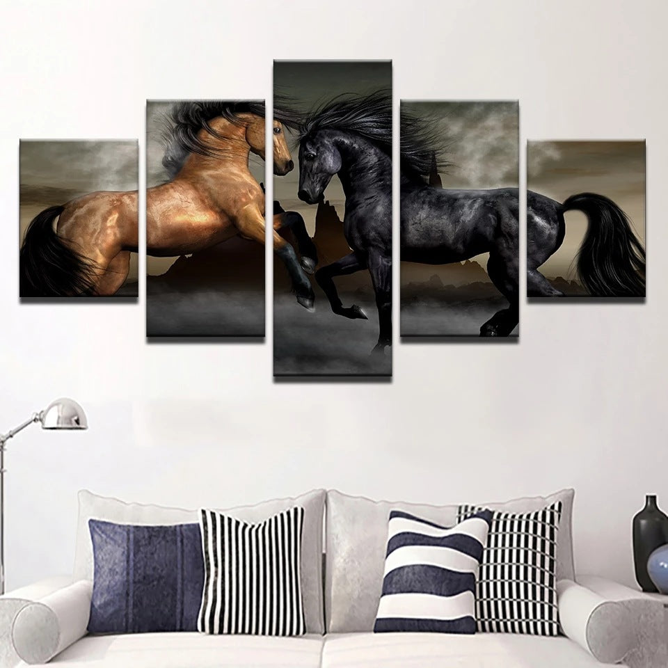 Running Brown And Black Horses - Canvas Wall Art Painting