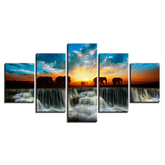 Waterfall Sunset Elephant - Canvas Wall Art Painting