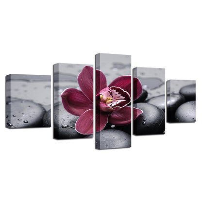 Black Pebbles With Purple Flower - Canvas Wall Art Painting