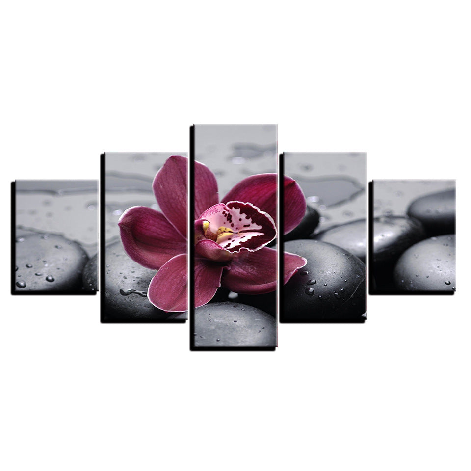 Black Pebbles With Purple Flower - Canvas Wall Art Painting