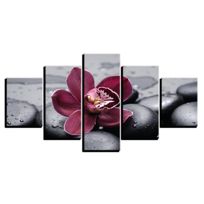 Black Pebbles With Purple Flower - Canvas Wall Art Painting