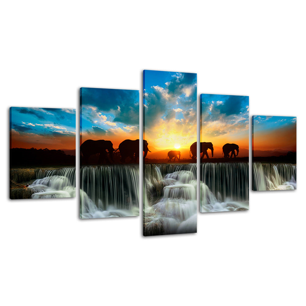 Waterfall Sunset Elephant - Canvas Wall Art Painting