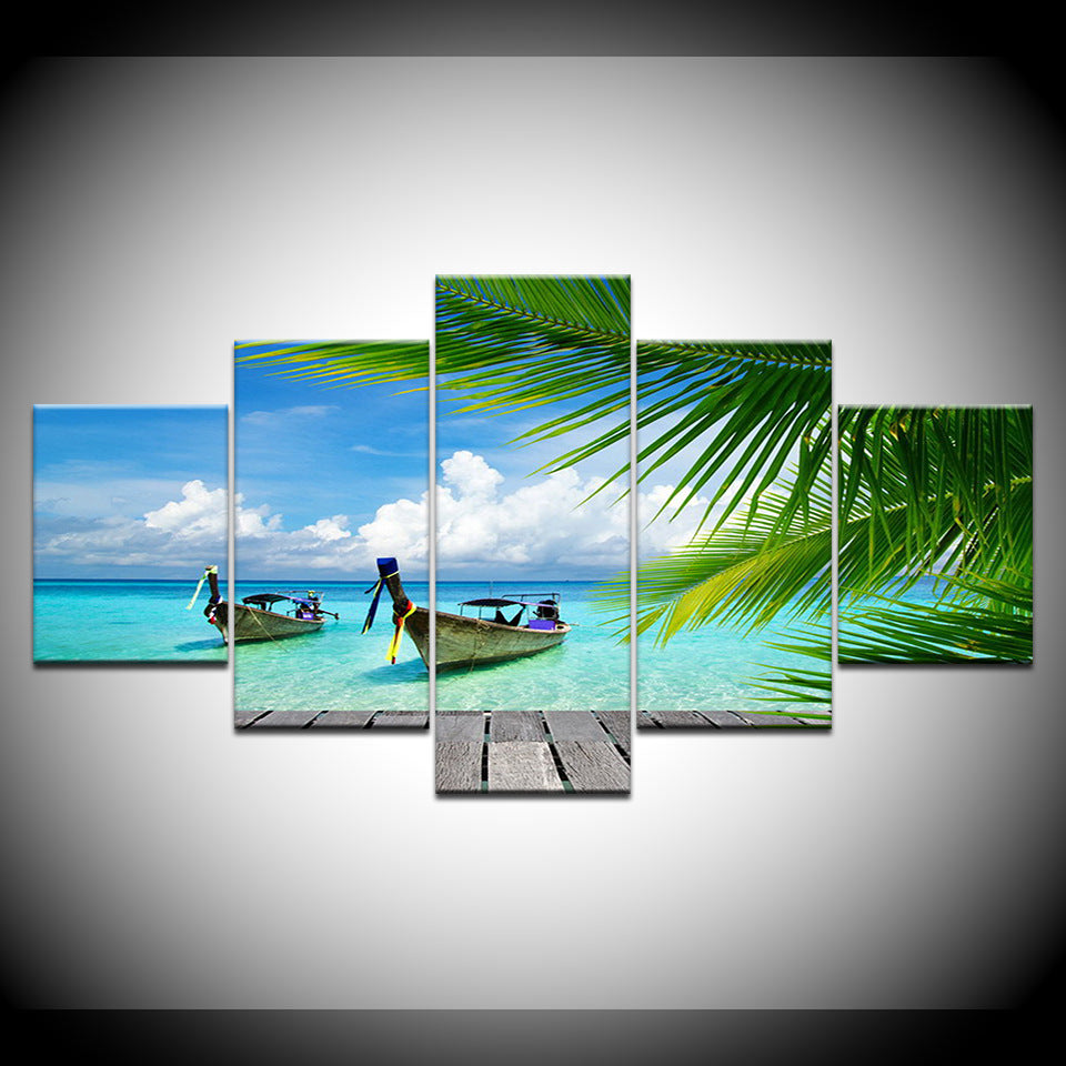 Coconut Tree Blue Beach  - Canvas Wall Art Painting