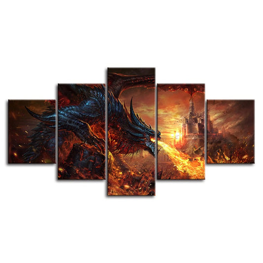 Dragon And Castle - 5 Piece Canvas Wall Art Painting